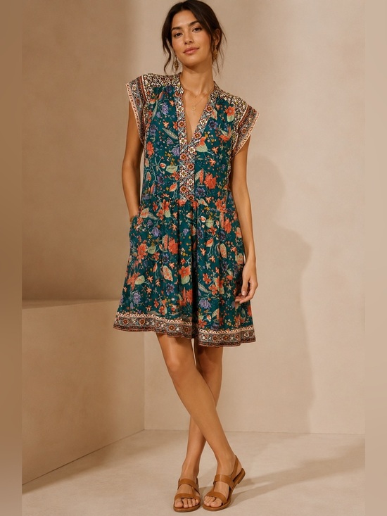 Anthropologie Dresses & Skirts - Anthropologie Zenia Floral Dark Teal V-Neck Flutter Sleeve Mini Dress Size XS
